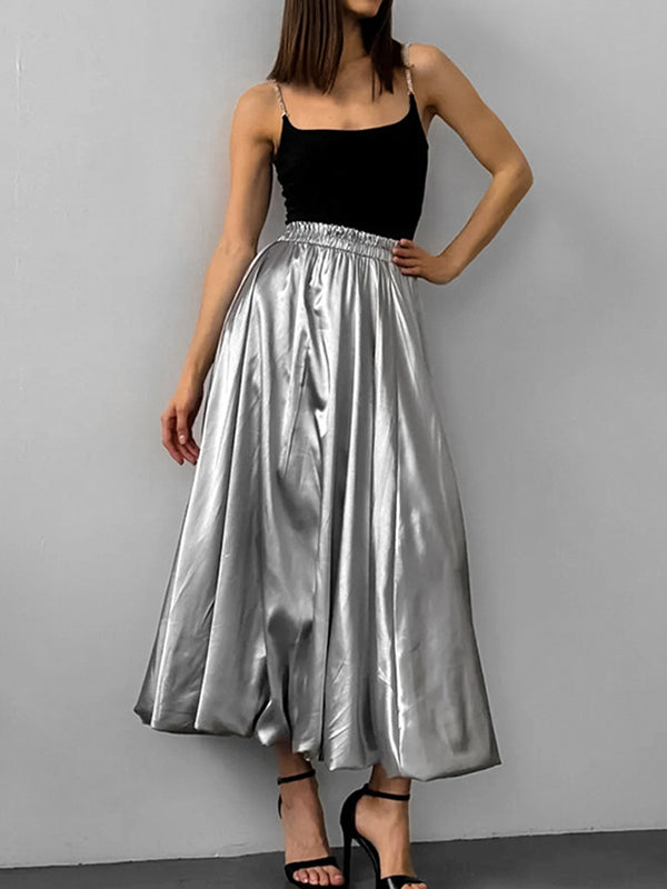 Jupe trapèze plissée taille haute argentée chic WS011