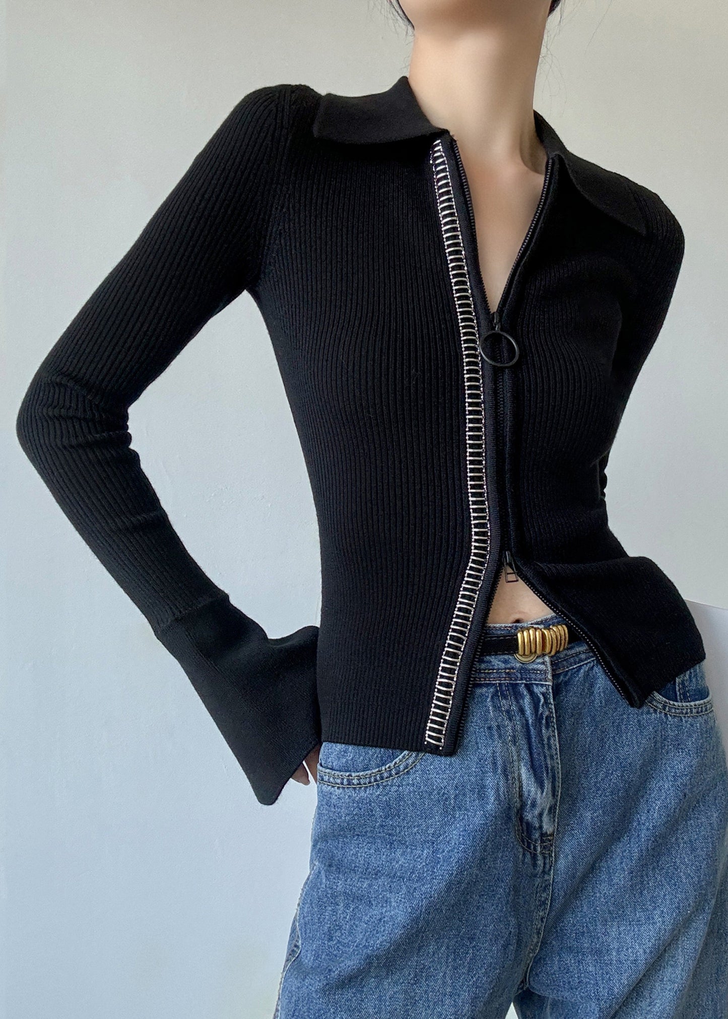 Pull en laine noir italien à col Peter Pan et fermeture éclair, style patchwork, hiver RV028