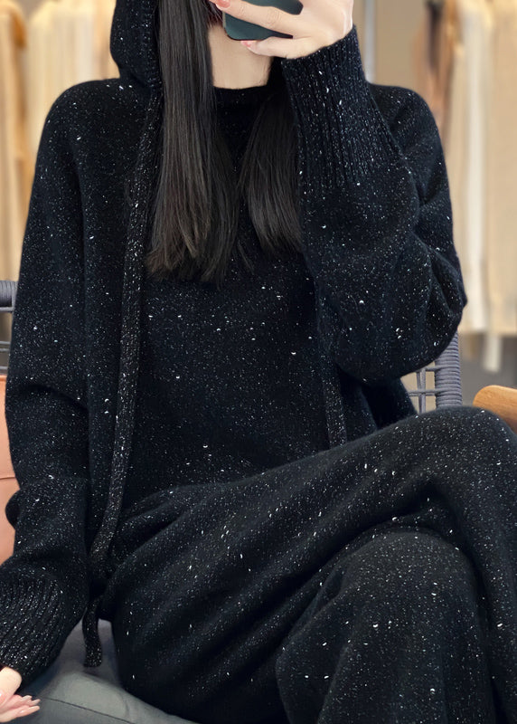 Ensemble deux pièces en laine bio noir avec pull à capuche et pantalon, automne WV018