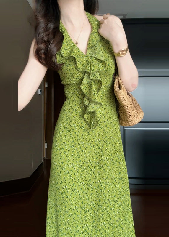 Nouvelle robe imprimée à volants en coton vert sans manches longue