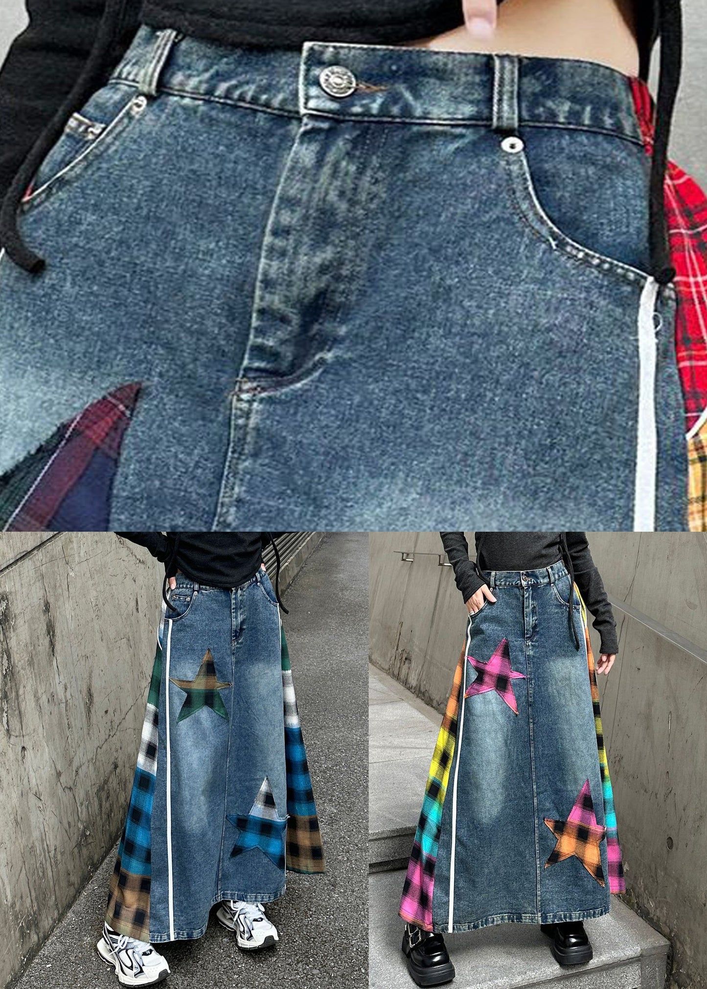 High Loose Waist Plaid Patchwork Spring Blue Skirt Denim