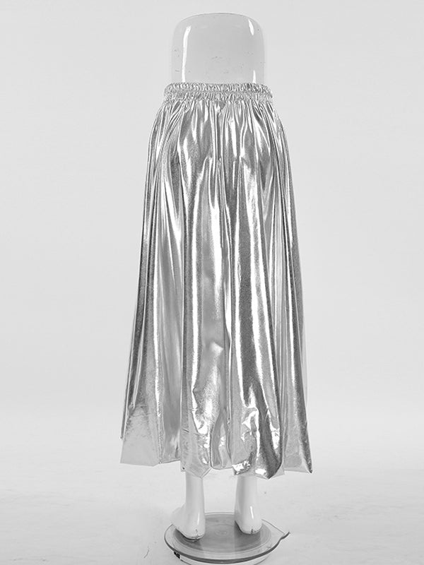 Jupe trapèze plissée taille haute argentée chic WS011