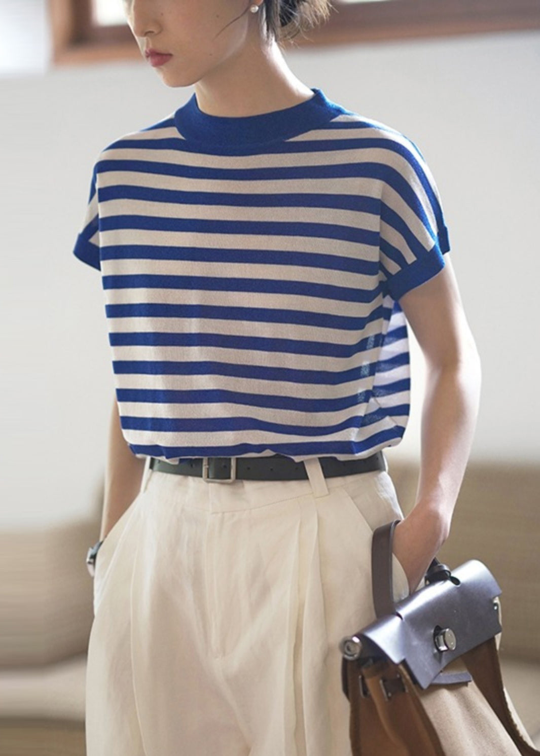 Débardeur à col montant rayé pour femme, en coton, rouge, été