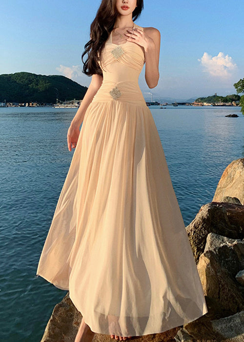 Robes taille froissée haute longue coton été abricot