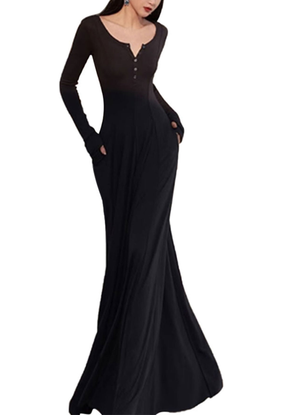V Frühling Neue Lange Fit Schwarz Kleid Schlank Einfache Hals Baumwolle