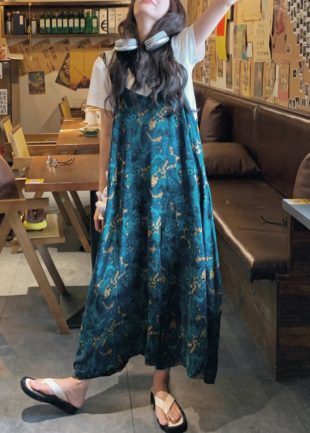 Pantalon ample en coton imprimé, combinaison taille haute, bleu, été
