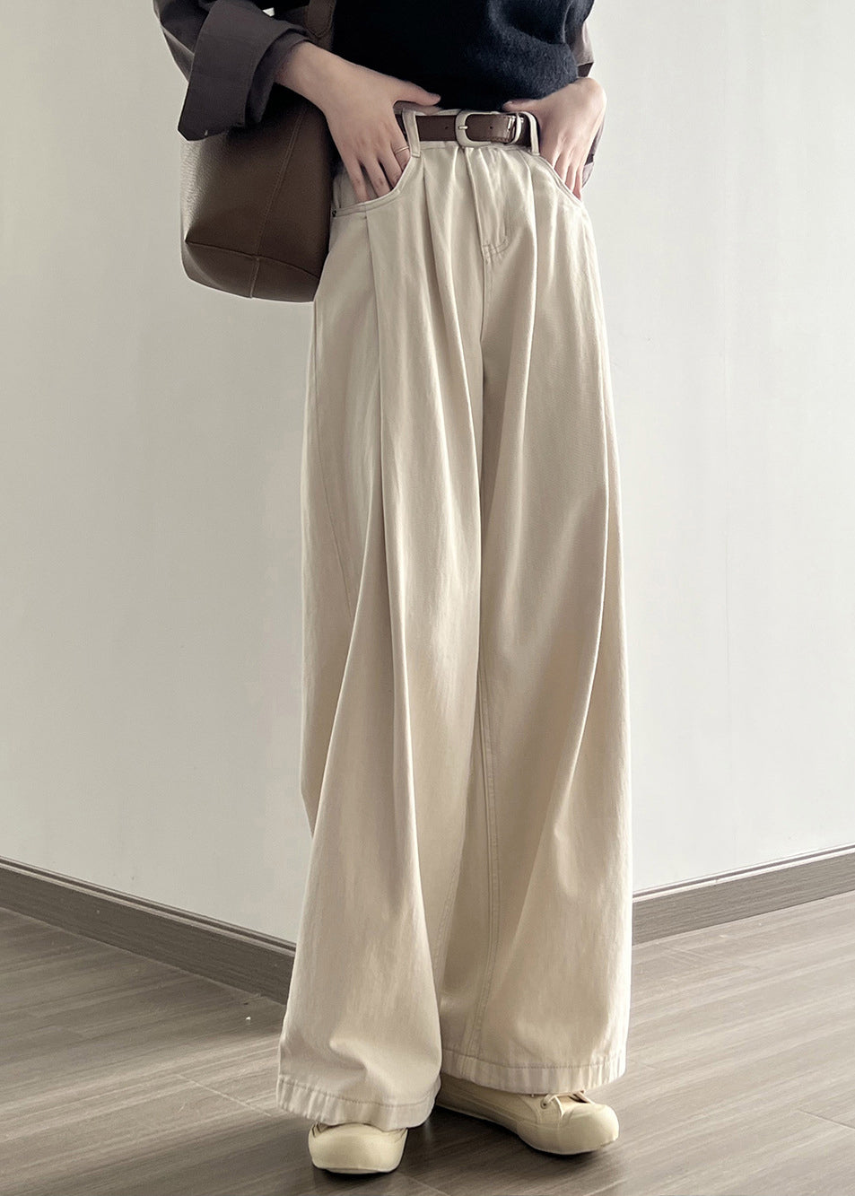 Pantalon droit en denim taille haute avec poches kaki Boutique Automne AF1006