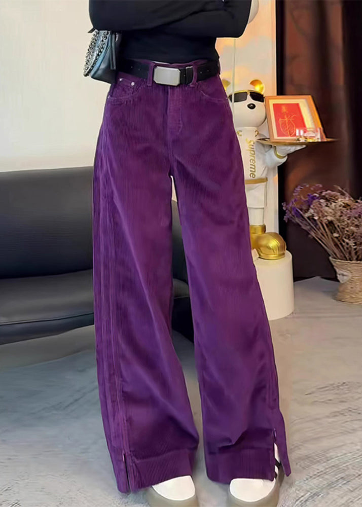 Pantalon droit violet en velours côtelé taille haute simple ouvert sur le côté