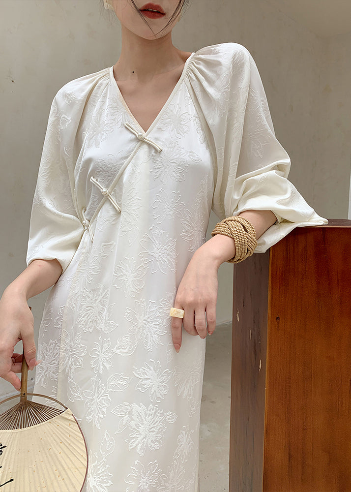 Neu Lange Jacquard Beige Frühling Neck Seide Orientalischen Kleid