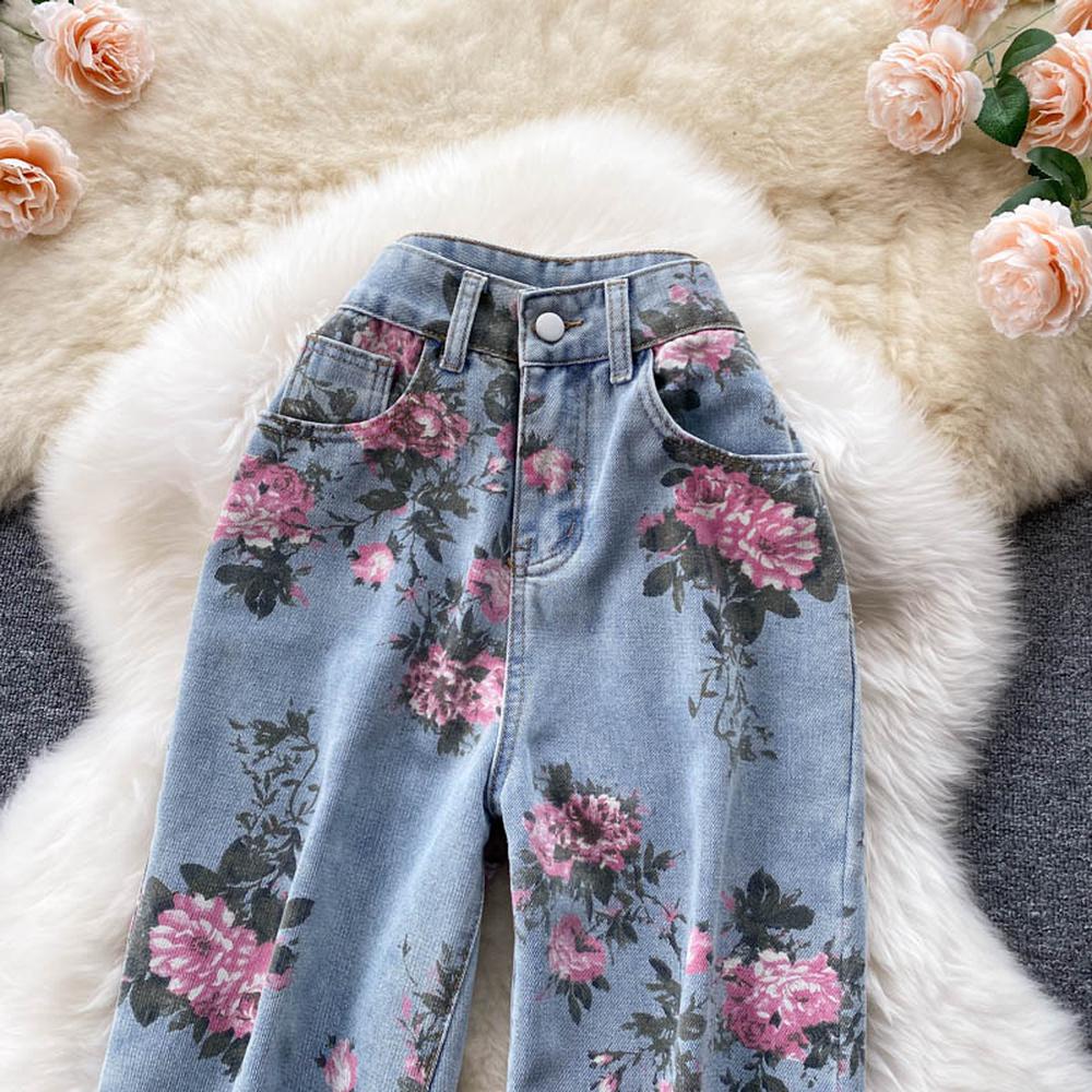 Damen Jeanshose mit weitem Bein und Rosen-Print, Blau AR1016