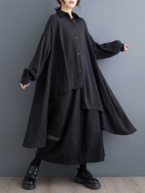 Original schwarze Bluse mit asymmetrischem Revers und Knöpfen, hohem und niedrigem Saum, langen Ärmeln, TW009