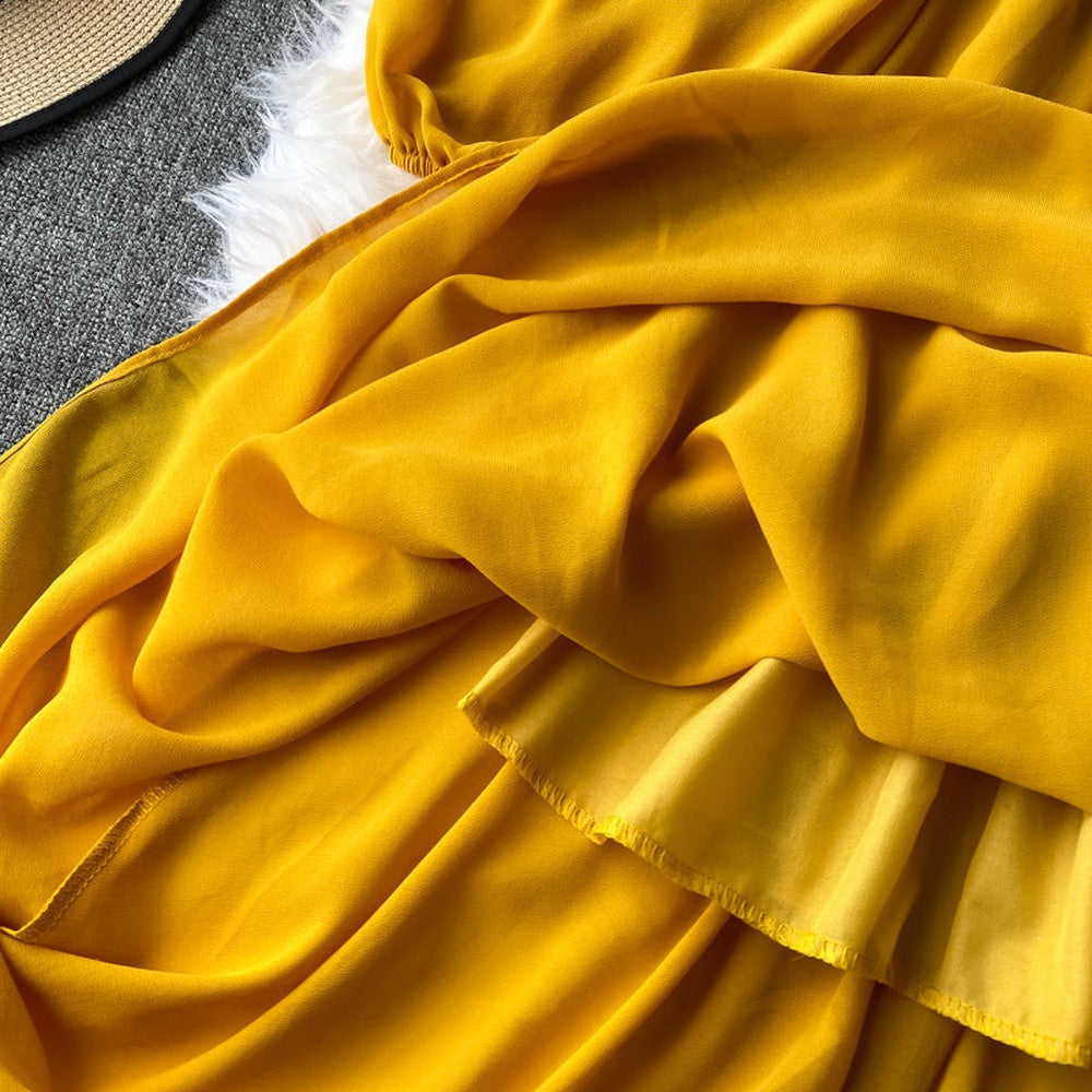 Schickes rotes schulterfreies Midikleid mit langen Puffärmeln und Rüschen AR1019