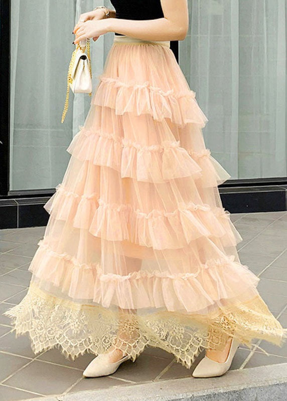 Jupes en tulle patchwork en dentelle froissée abricot mignonnes printemps AZ1021