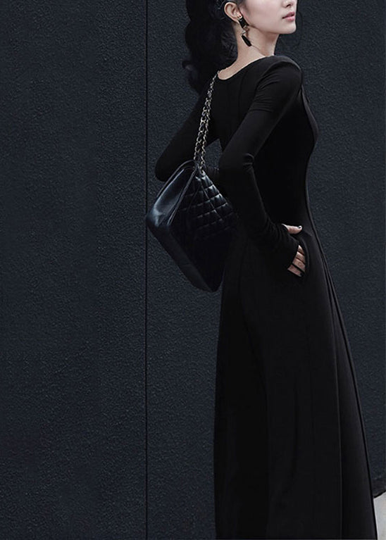 V Frühling Neue Lange Fit Schwarz Kleid Schlank Einfache Hals Baumwolle