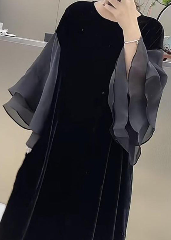 Plus Size Schwarzes O-Ausschnitt Patchwork Seidensamt Maxikleid Schmetterlingsärmel WD032