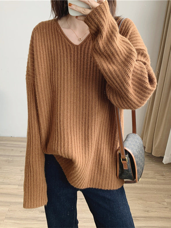 Vintage Karamell V-Ausschnitt Langarm Gestreifter Strickpullover QX001