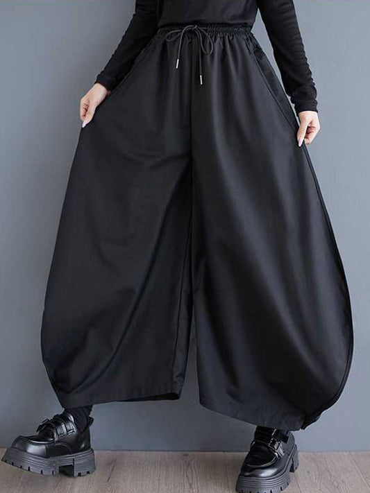 Pantalon culotte taille haute élastique vintage noir avec cordon de serrage et poches TW025