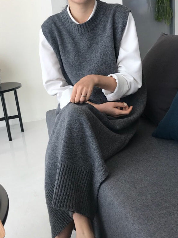 Urban Schwarzes ärmelloses Strickkleid mit Rundhalsausschnitt QX017