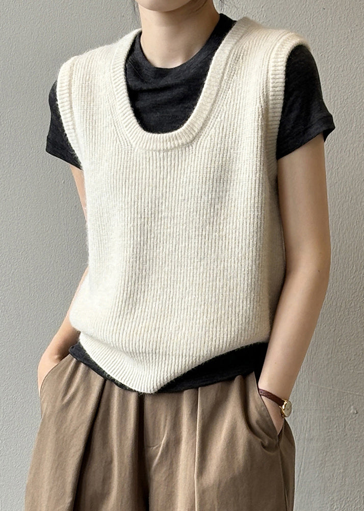 Gilet tricoté simple et polyvalent à col en U vert automne WD016 2024