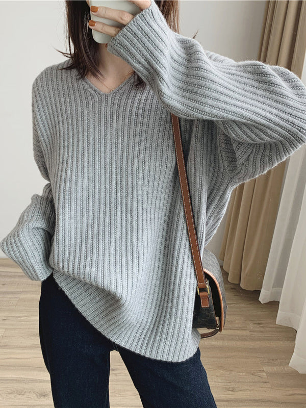 Vintage Karamell V-Ausschnitt Langarm Gestreifter Strickpullover QX001