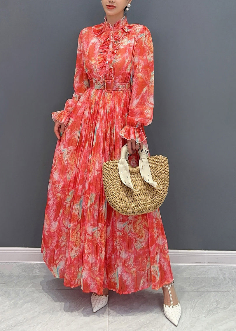 Kragen Print Mode Lange Stand Chiffon Schärpen Kleid Rot