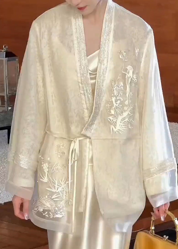Strickjacke V-Ausschnitt Bestickt Spitze Vintage Seide Beige Frühling