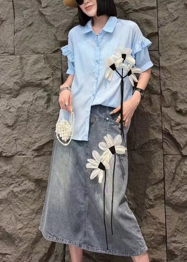 Ensemble deux pièces chemises à fleurs blanches modernes à col Peter Pan et jupes en jean à manches courtes AN1005