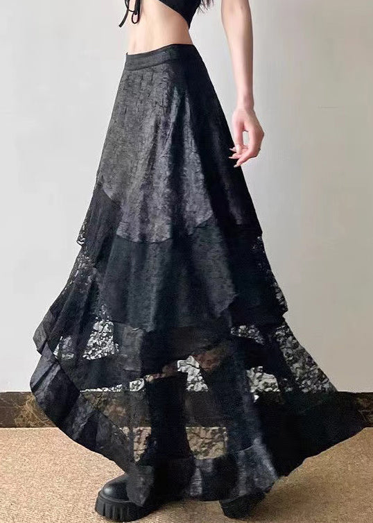 Jupe patchwork asymétrique en dentelle noire française Été QP029