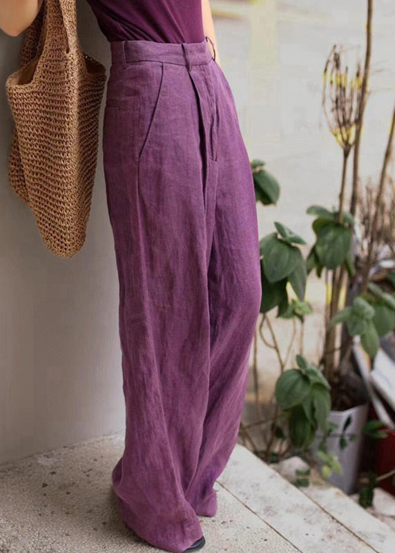 Pantalon large taille haute en lin bio avec poches violettes Automne AN1019