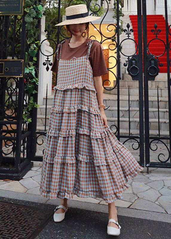 Blaues Patchwork Ärmelloses Plaid Rüschenkleid Lang
