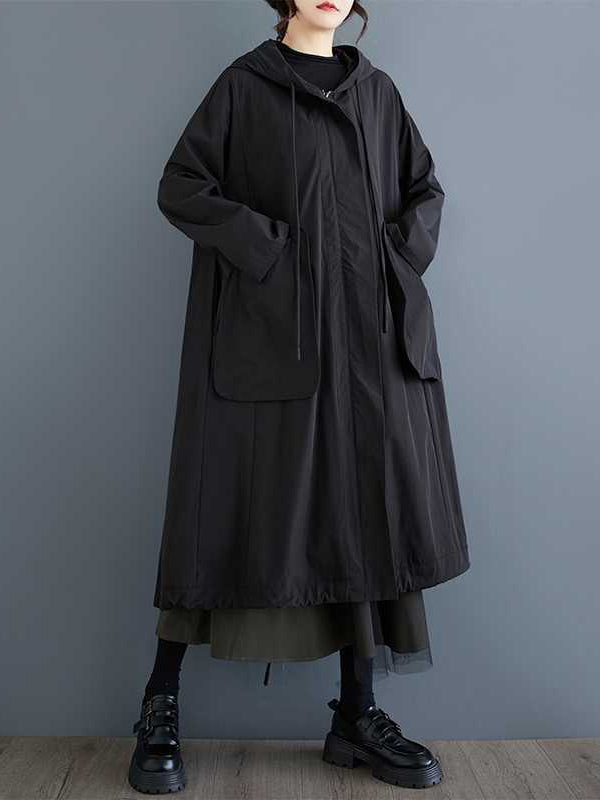 Lässiger Trenchcoat mit Kapuze und Taschen, Reißverschluss, Kordelzug am Saum, langen Ärmeln, TW021