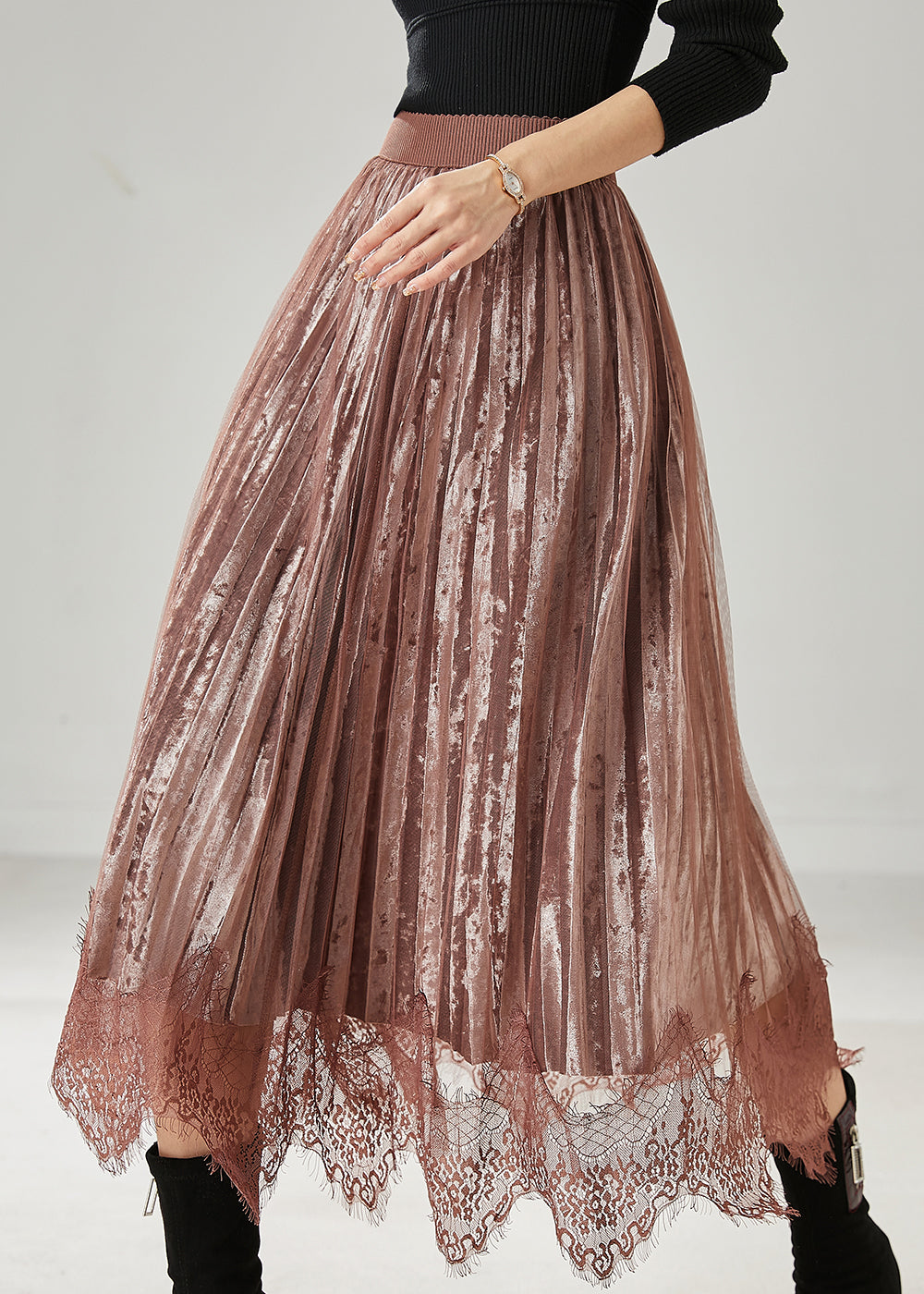 Jupes plissées en velours de soie et dentelle patchwork marron modernes Printemps AZ1039