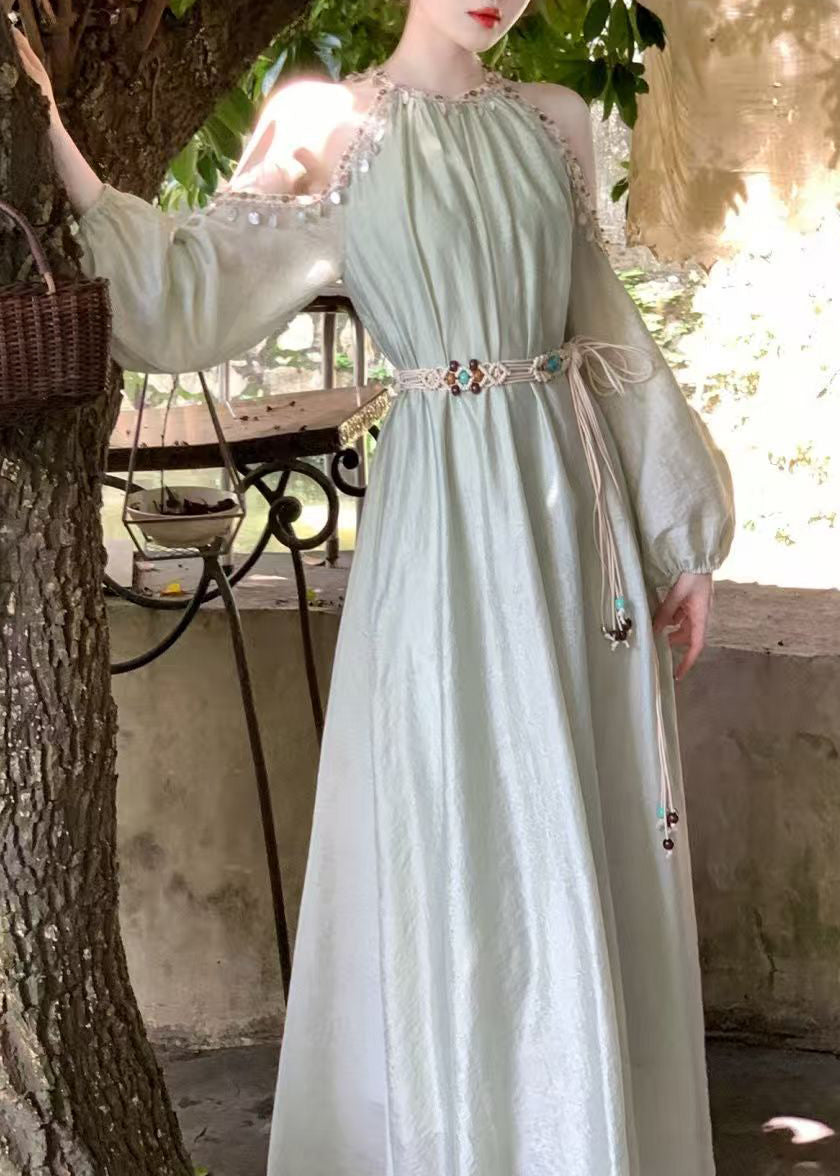 Robe longue style lanterne bohème en soie, manches longues, épaules dénudées, paillettes, abricot