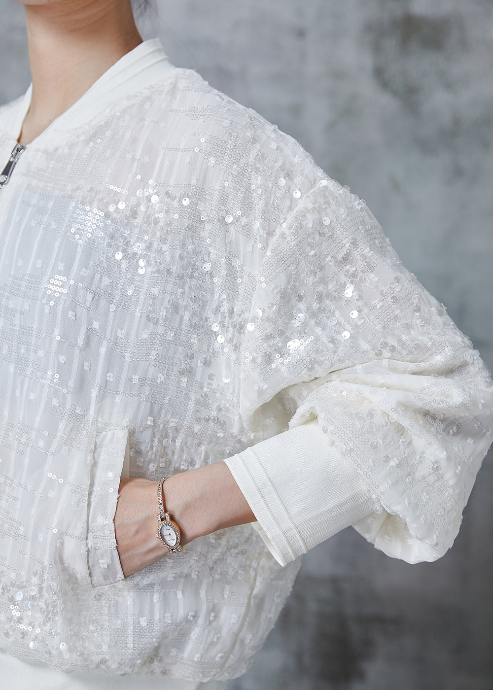 Bohemian Beige Pailletten Taschen Baumwolle Jacken Sommer QA1002