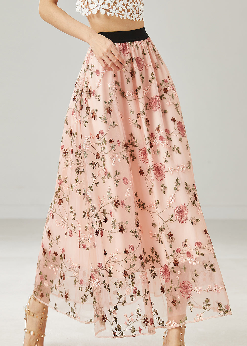Jupe trapèze en tulle rose brodée pour l'été AZ1036