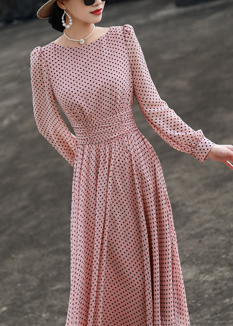 Ärmel Hals Rosa Slim Fit Kleider Dot Lange O Chiffon