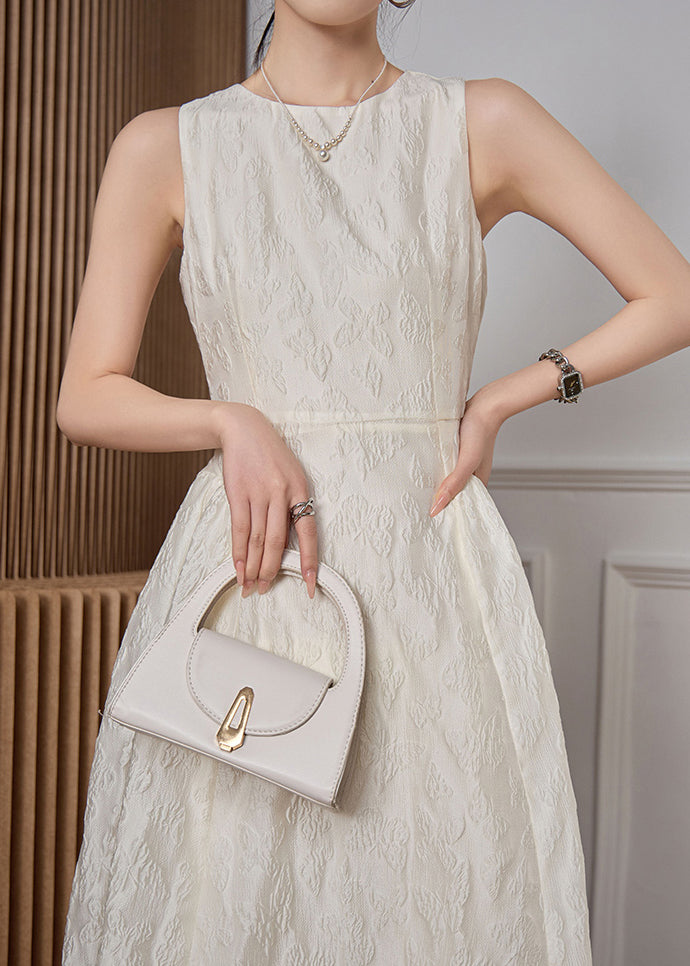 Robes blanches hautes taille col rond sans manches jacquard long coton