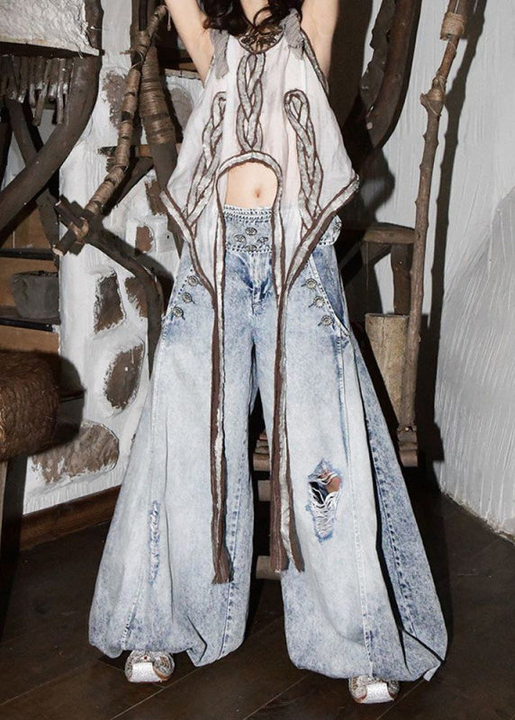 Pantalon de printemps large bleu style denim taille haute déchiré