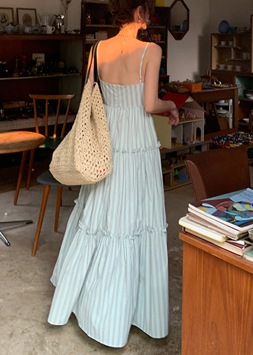 Elegantes gestreiftes, gerüschtes, hoch tailliertes Spaghettiträgerkleid aus Baumwolle, ärmellos AZ1037