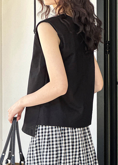 Schwarzes gemütliches, einfarbiges Leinenoberteil mit Rundhalsausschnitt, Sommer AF1023