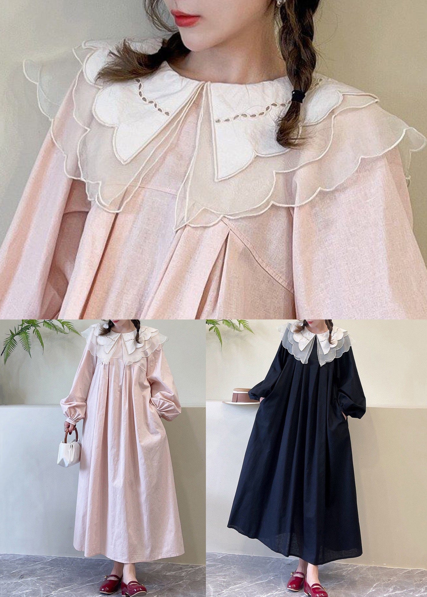 Neue rosa Peter Pan Kragen solide Baumwolle Kleider Frühling NN032