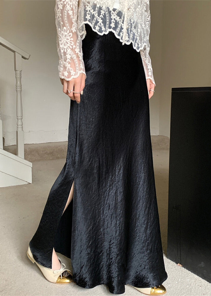 Jupe longue en soie noire à taille haute et ouverture latérale pour l'automne QP060