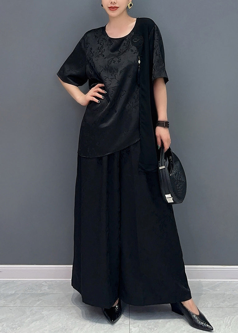 Ensemble deux pièces haut en jacquard de soie de style chinois et pantalon à jambes larges AO1019