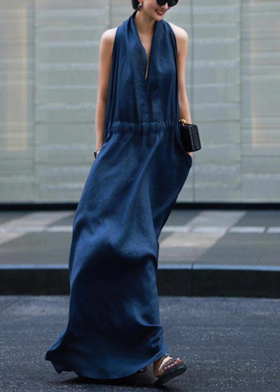 Neu Licht Leinen Solide Kleider Blau Robe Taille Krawatte