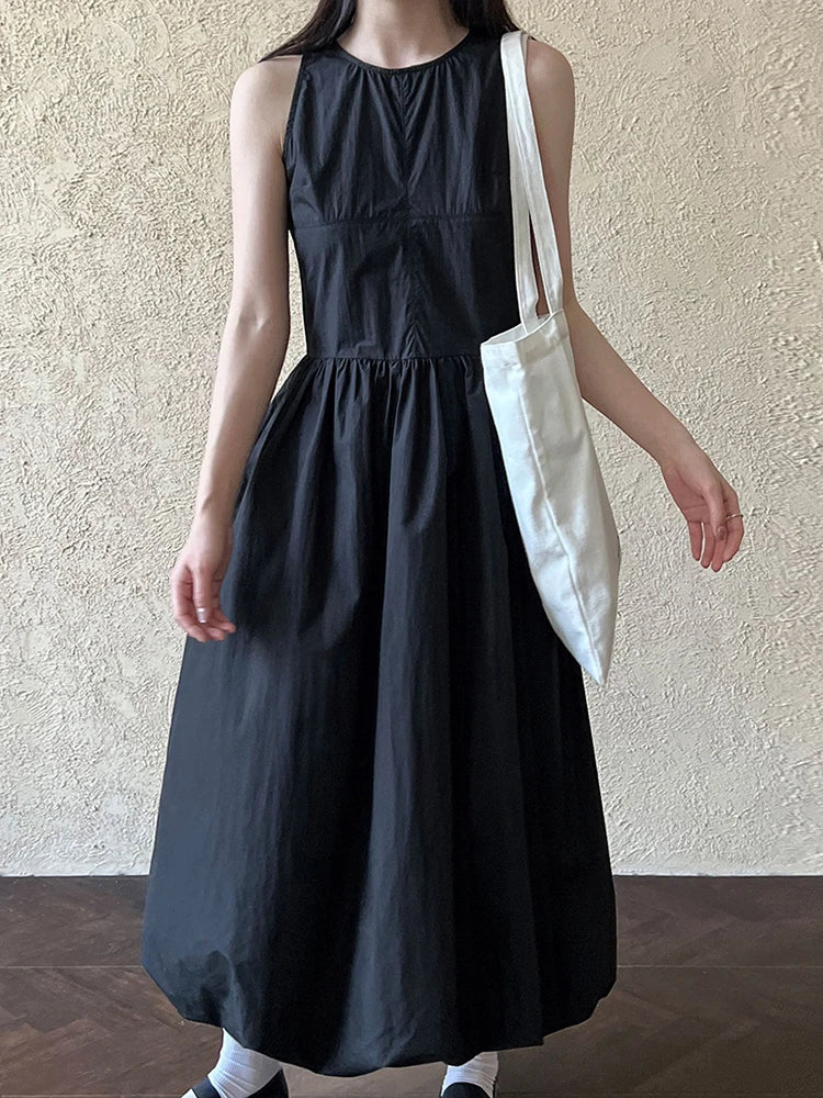 Patchwork-Kleid mit O-Ausschnitt, schlicht, ärmellos, blau, Puffsaum