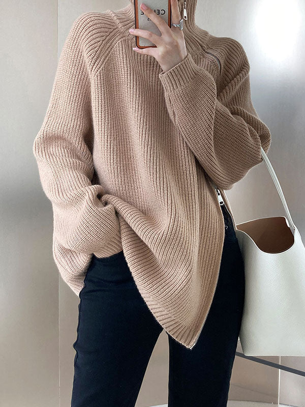 Pull gris urbain à manches longues et col licou avec fermeture éclair sur les côtés AN1033