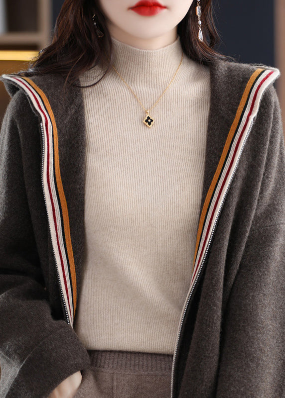 Cardigan à capuche en laine beige zippé et confortable, style patchwork, hiver WV020