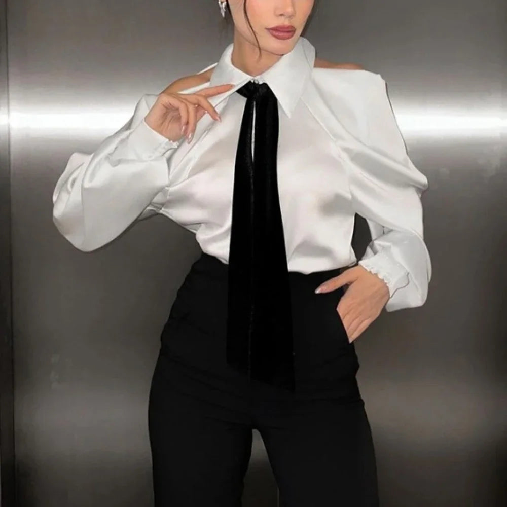 Satin Off Tie Top Ärmel Party Lange Schulter Revers Weiß mit