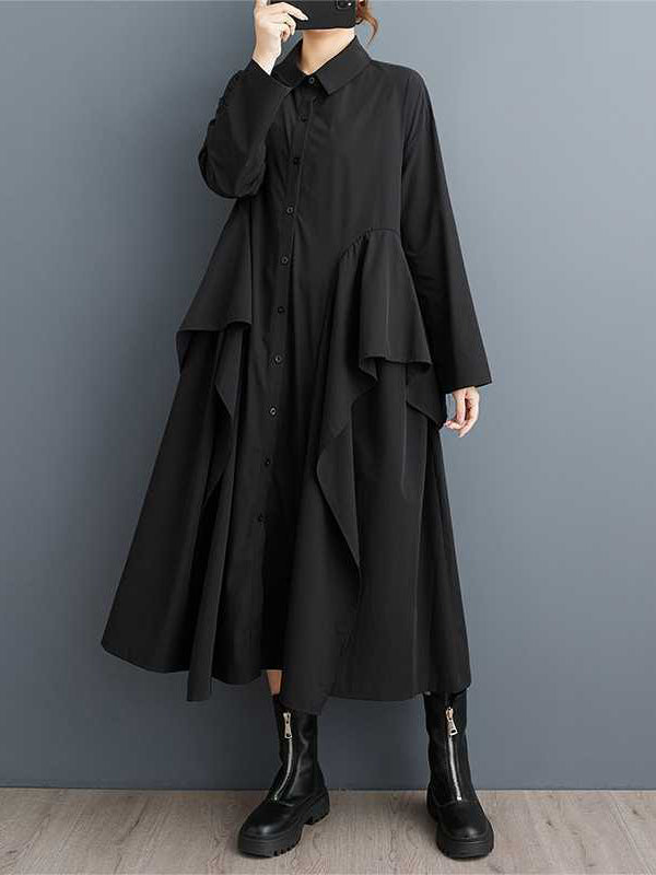 Einzigartiges schwarzes Langarmkleid mit geknöpftem Patchwork-Rüschenbesatz und Revers TW018
