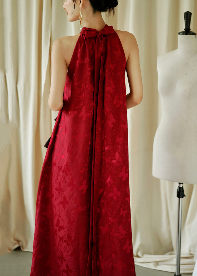 Robe longue ample rouge en coton sans manches avec nœud en jacquard